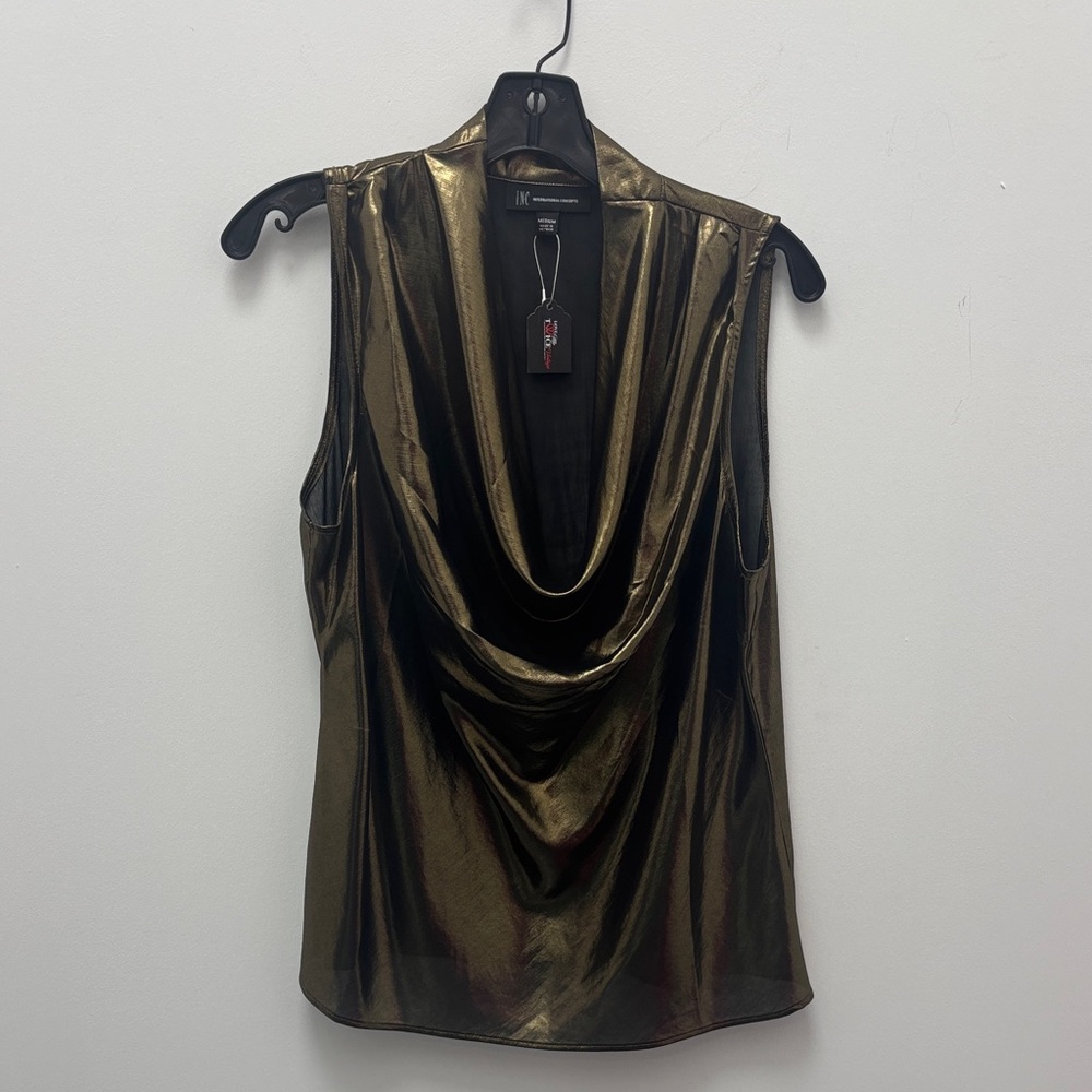 INC International Concepts Shimmering Gold Drape Blouse
